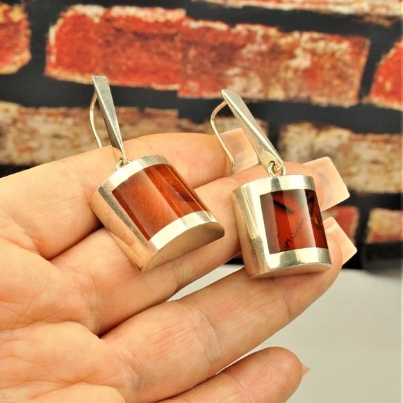 UNIQUE MODERNIST BIG AMBER STERLING DANGLE EARRINGS, GIFT FOR WOMEN - Picture 3 of 11